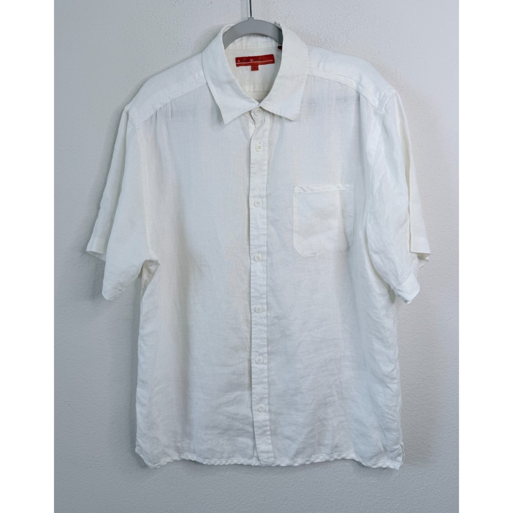 Sette Ponti 100% Linen Button Front Shirt Mens XL Off White Short Sleeve Coastal